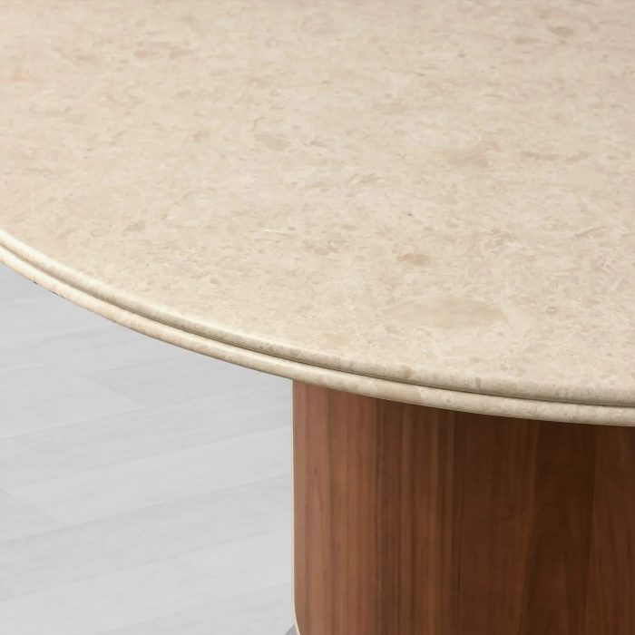 Caden Round Dining Table with Stone Top in Walnut or Oak with Sculptural Base - Image 2