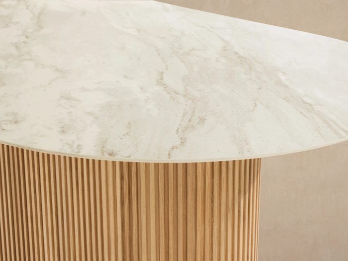 Beaumont Outdoor Teak Dining Table with Stone Top Modern Curved Dining Table - Image 4