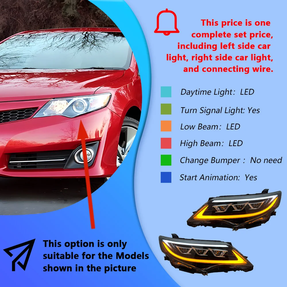 S67987d69249b4d0bb735c04785f5121em.webp For 2012-2014 U.S. version Toyota Camry car front headlights LED automatic headlight assembly upgrade with dynamic 3-lens parts - Image 1