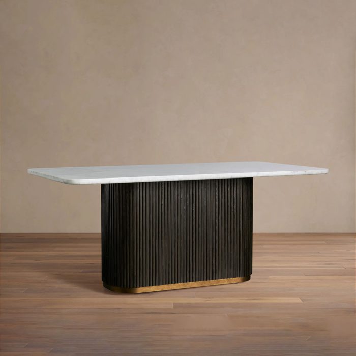 Finnley Rectangle Marble Stone Top Dining Table with Reeded Oak Wood Base - Image 2