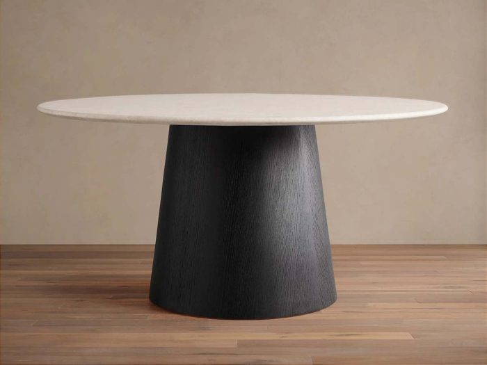 Saint Germain Round Dining Table with Carrara Marble Top Wood Toulouse Base - Image 4