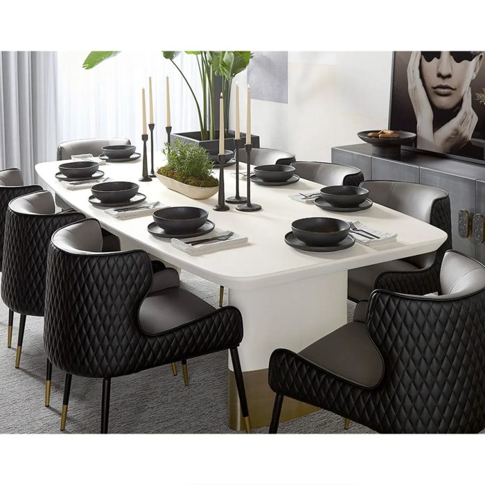 Carolin Pebbled Cream Faux Leather Top Dining Table with Wood Base - Image 2