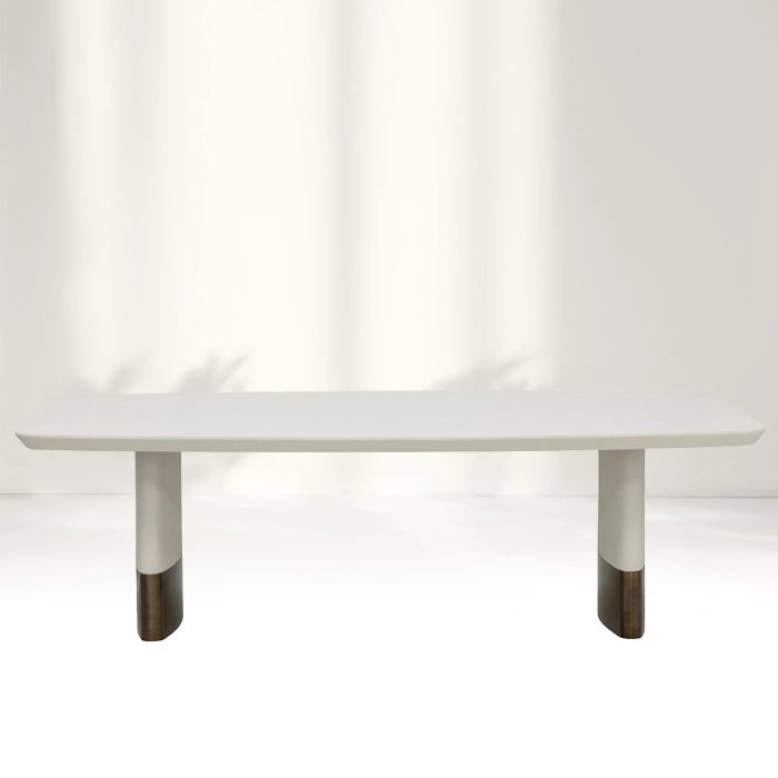 Carolin Pebbled Cream Faux Leather Top Dining Table with Wood Base - Image 6