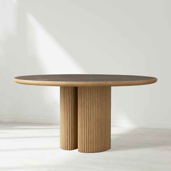 Astor Round Natural Marble Top Dining Table Oak Wood Base - Image 2