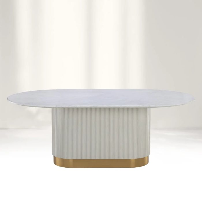 Panoso White Oval Dining Table Carrara Marble Top with Wood Base - Image 4