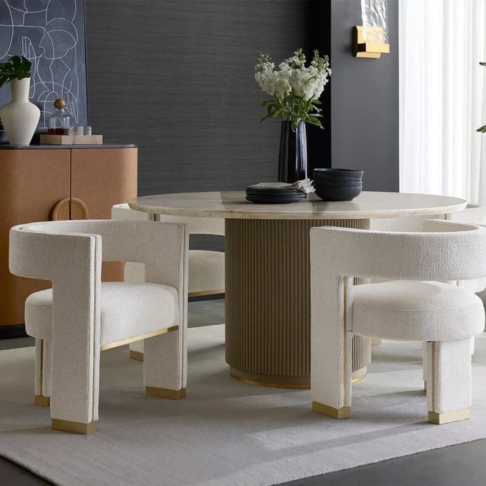 Canodi Polished Cream Marble Stone Top Dining Table with Wood Fluted Base - Image 2